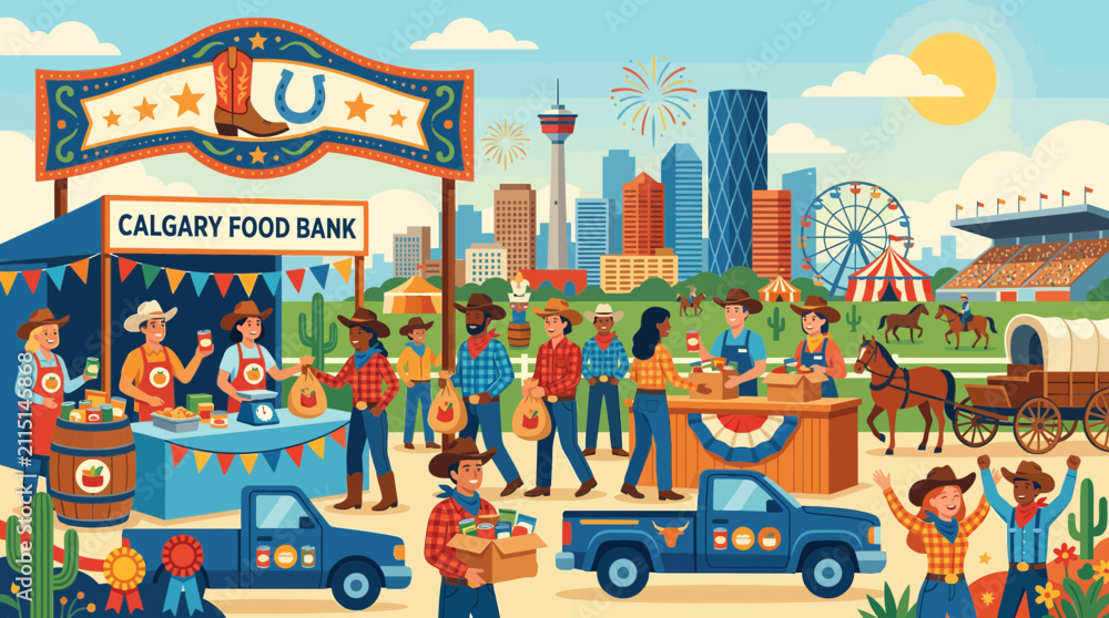Naklejka premium Calgary Stampede Food Bank Community Charity Event with City Skyline