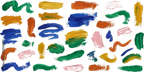 Paint Strokes Collection: A vibrant and colorful collection of abstract paint strokes and brush marks in various sizes and hues, perfect for artistic and creative projects.