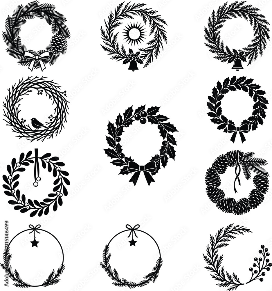 Fototapeta premium Collection Of Christmas Wreaths Black Silhouette On White Background wreath
