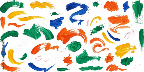 Colorful Brush Strokes Collection: A vibrant assortment of abstract, multi-colored brush strokes and paint splatters in blue, orange, yellow, and green.