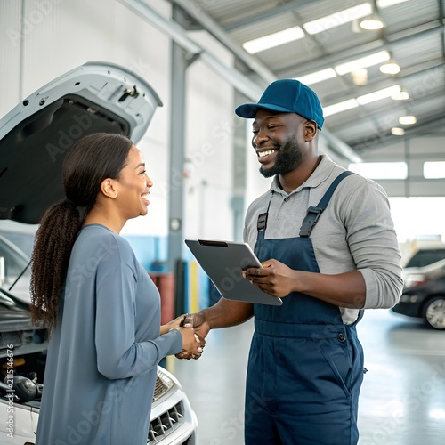 Mechanic and customer shaking hands with tablet in auto repair shop during service