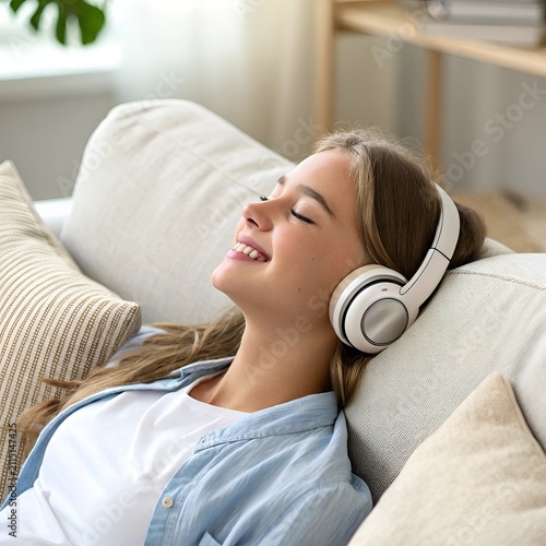 Young woman with closed eyes enjoying music with headphones on a couch with natural light