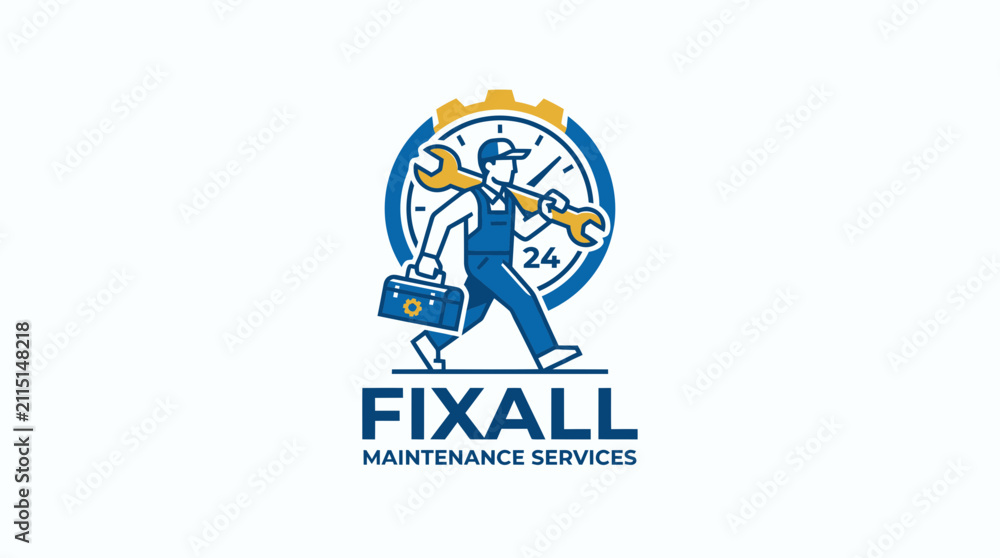 Fototapeta premium Maintenance Service Logo with Handyman Carrying Wrench and Toolbox in Front of 24 Hour Clock Icon