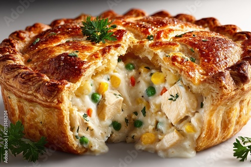 classic chicken pot pie isolated on white background