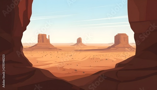 Vector art of Arizona desert canyons, red earth, classic valley panorama, vintage travel poster style.