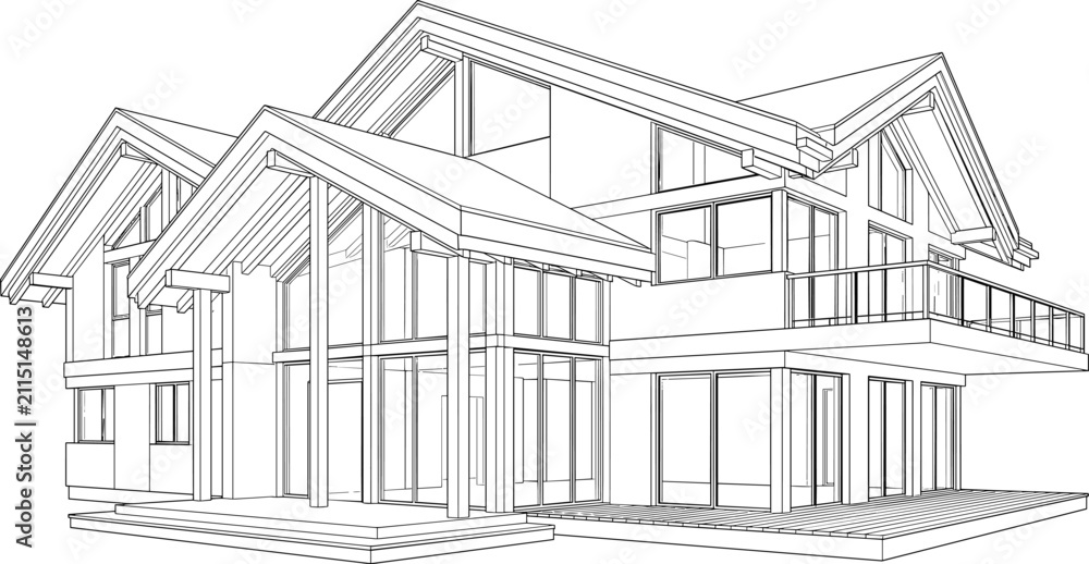 Fototapeta premium Modern Luxury House Architectural Line Drawing with Contemporary Residential Exterior Perspective