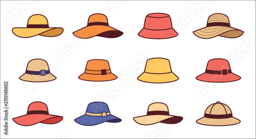 Obraz na płótnie Collection of sun hats in various colors a flat vector illustration on a white b
