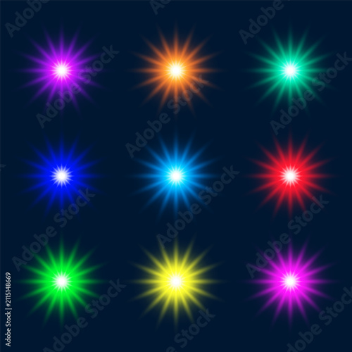 Star light with rays, colorful set, vector illustration.