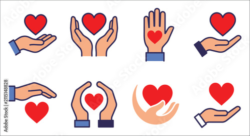 Fotografía Hands holding hearts flat vector icons on a white background for charitable conc