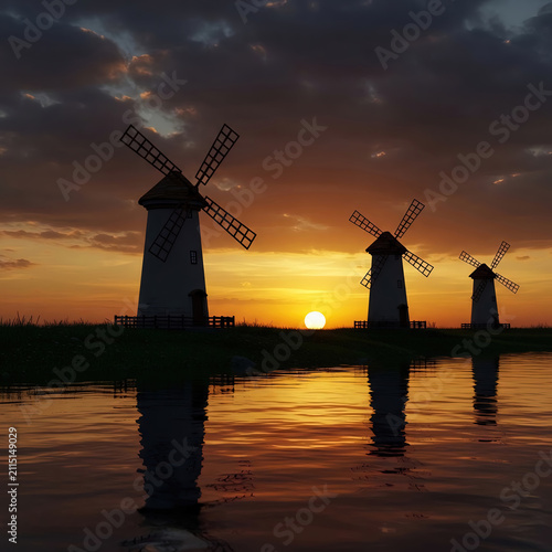 Three Traditional Windmills Silhouetted Against a Dramatic Sunset with Calm Water Reflection and a Colorful Orange, Purple, and Gray Sky. Copy Space.