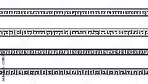 Greek key border pattern vector illustration, black and white seamless geometric meander trims.