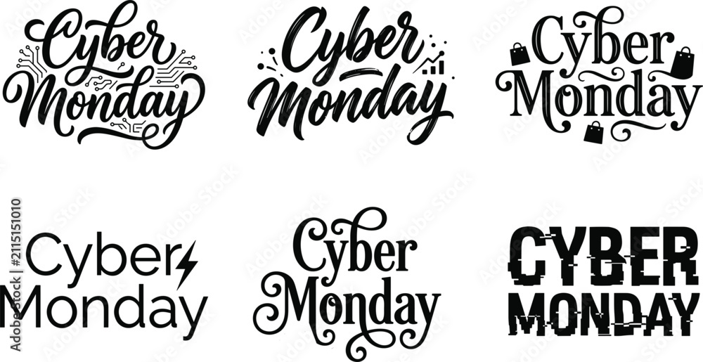 Fototapeta premium Cyber monday promotional sale event typography quote lettering bundle isolated vector set for shopping banners