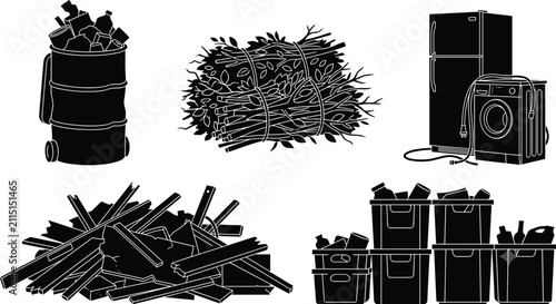 Waste Sorting and Recycling Materials Silhouette Collection for Environmental Management