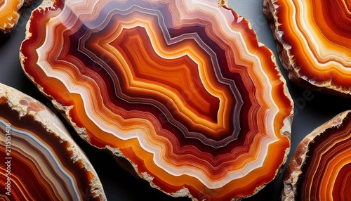 close up of polished agate slices with fiery orange and brown hues