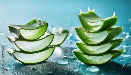 close up of slices of aloe vera on blue background with water drops