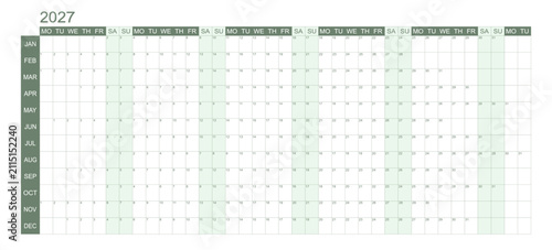 2027 Horizontal big wall planner or calendar.  Vector design.