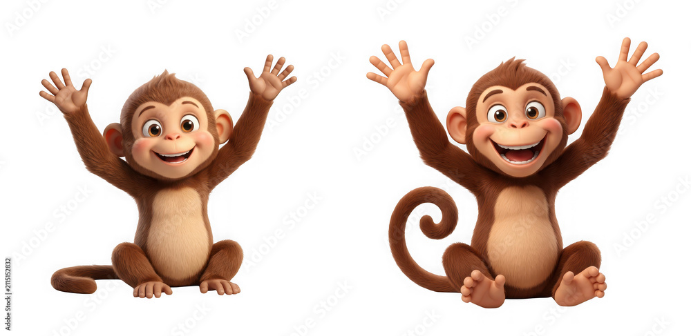 Fototapeta premium Two happy cartoon monkeys with arms raised sitting isolated on transparent background