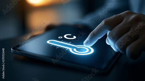 Faceless man tapping glowing thermometer interface on a tablet to verify cold chain compliance, storage temperature conditions in cool ambient lighting