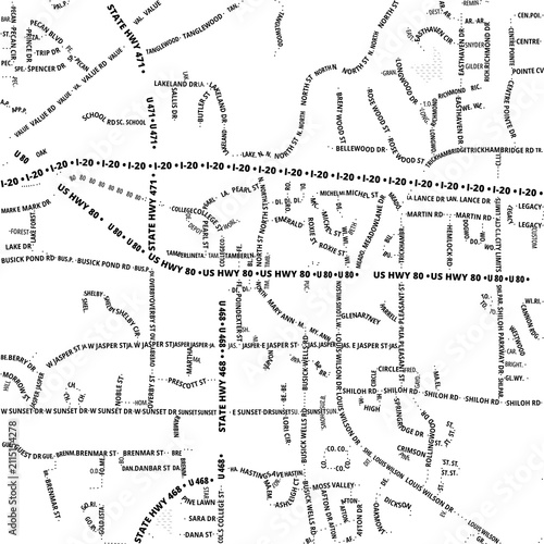 Принти на полотні Typographic Map of the City Brandon (Mississippi, USA) showing the city center o