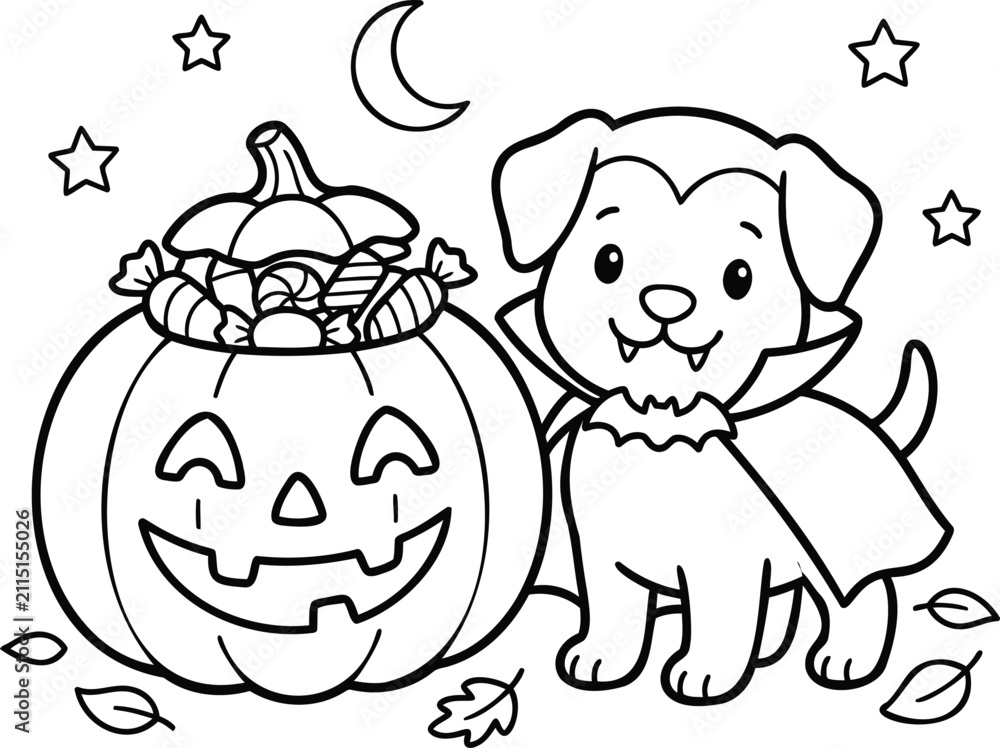 Obraz premium Adorable cartoon puppy wearing a vampire costume with cape and fangs, halloween-themed