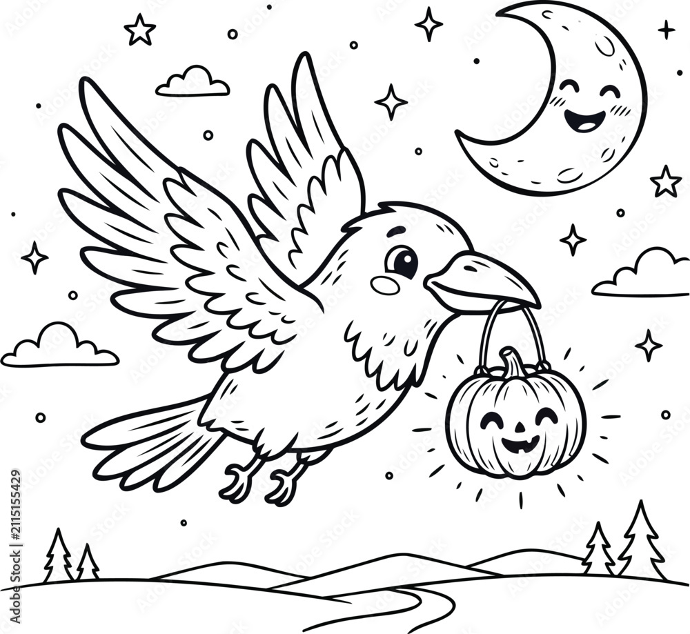 Obraz premium Cartoon raven flying with glowing jack-o'-lantern, halloween-themed crow bird wings spread