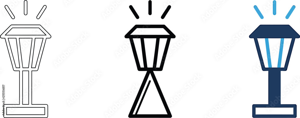 Naklejka premium Three different styled outdoor lamp posts with light beams