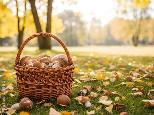 Basket filled with fresh forest porcini mushrooms on green autumn grass.