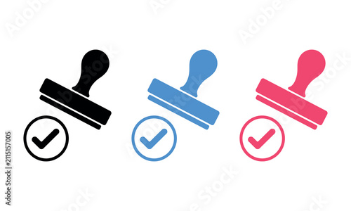Three colorful checkmark stamps with approval icons