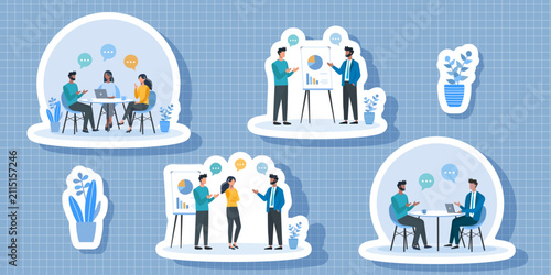 Business meeting and teamwork sticker set with office people discussing ideas, presentation, collaboration, communication and planning. Flat vector illustration collection isolated on blue grid 