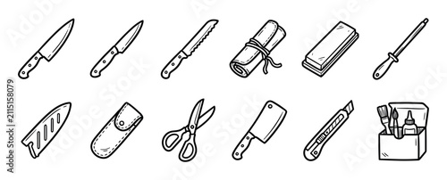 Hand-drawn black and white tool icon set featuring various knives, a cleaver, scissors, and sharpening equipment for cooking or crafting in a simple doodle sketch illustration style