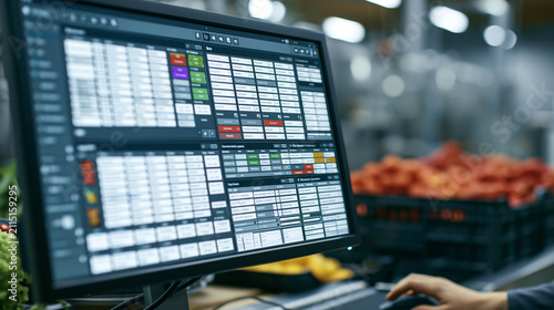 Cold chain warehouse management software on a monitor tracking fresh food inventory in an industrial freezer with soft screen glow 8K