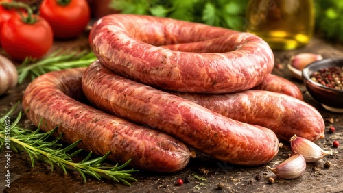 Fresh raw sausages on rustic table with herbs tomatoes and spices for butcher shop advertising  barbecue menus and gourmet food packaging.  