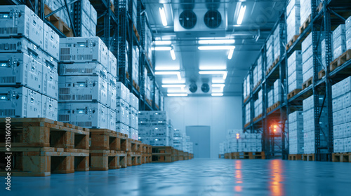 IoT sensors monitoring temperature data in real time on refrigerated cold storage pallets inside a warehouse with crisp cool lighting