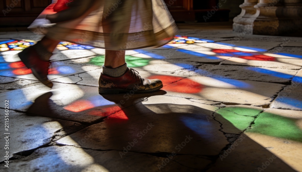 Obraz premium Low-Angle Steps on Stone Chapel Floor, Legs and Hems