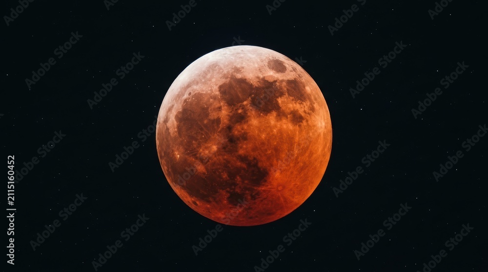 Obraz premium Total lunar eclipse featuring a red blood moon in the dark night sky. Astronomical phenomenon capturing the satellite of Earth during celestial alignment. Science and space exploration study.