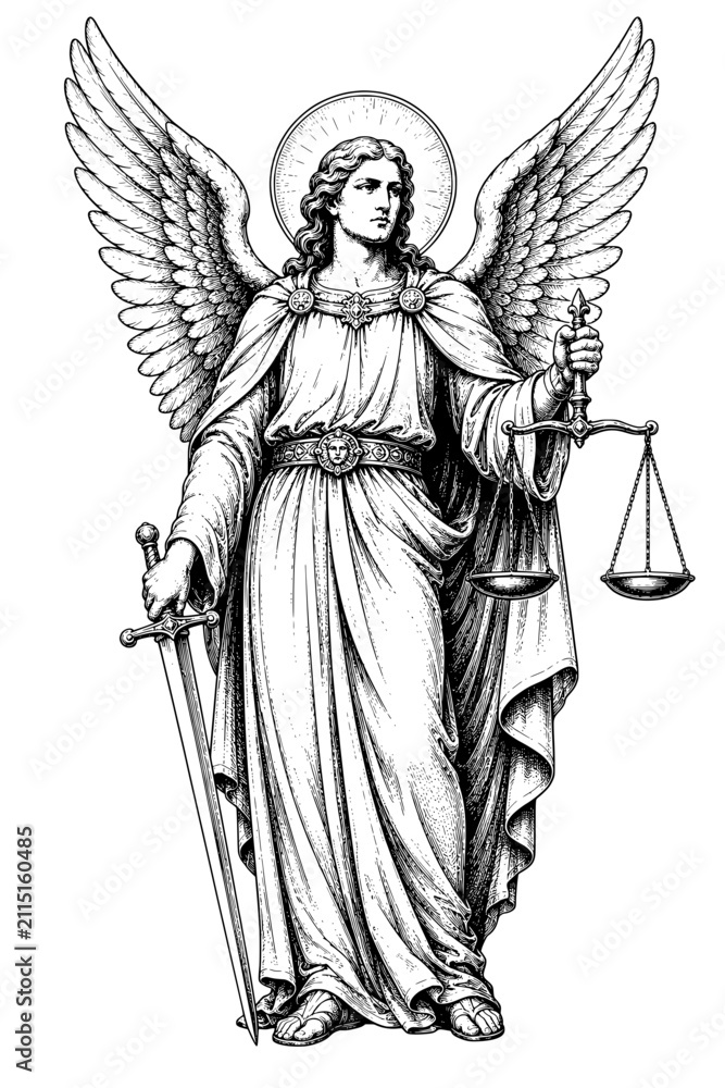 Obraz premium Detailed black and white illustration of a winged Lady Justice holding a sword and balanced scales, wearing flowing robes and a halo in a symbolic legal pose.