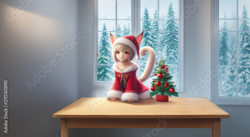 クリスマスを喜ぶ猫耳の少女