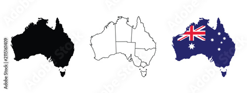 Obraz na płótnie Collection of three Australian map outlines including a solid black silhouette a