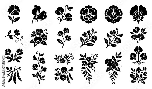 Foto Modern Sweet Pea Flower Glyph Icons Black Botanical Clip Art Vector Set