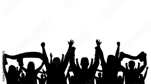Raised Hands of Excited Crowd Celebrating at a Music Festival Party with Silhouettes of Dancing People, DJ Stage, Disco Lights, Concert Energy and Youth Celebration Vector Illustration