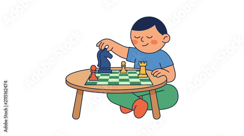 Cuadro en lienzo Young boy concentrating on a chess game at a small table
