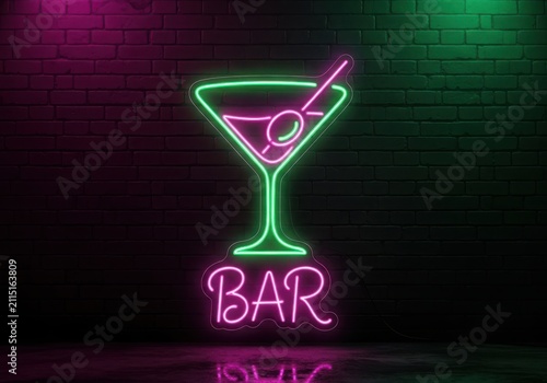 Neon martini glass with stirrer and bar sign
