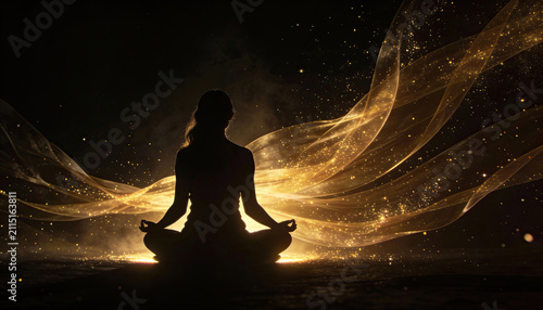 Silhouette meditating in lotus pose surrounded by golden ethereal ribbons