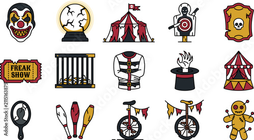 Set of circus and carnival icons, creepy freak show elements, scary clown mask, voodoo doll, magic hat, straightjacket, unicycle, and tent