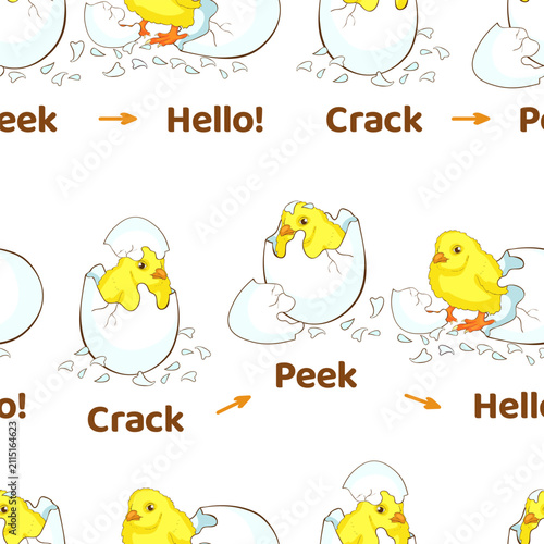 seamless pattern Baby Chick Hatching Stages – Crack, Peek, Hello vector illustration