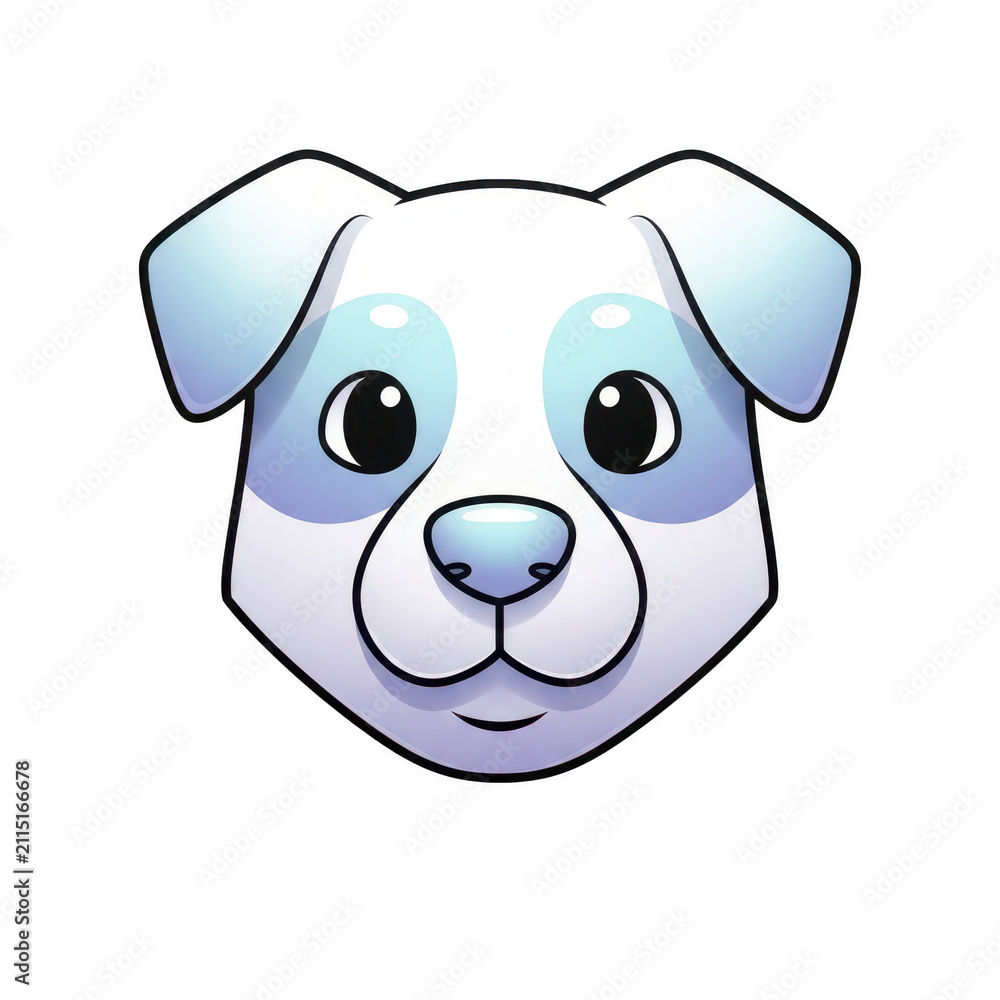Fototapeta premium Sticker of white puppy face with blue eye patches and cute expression on transparent background.