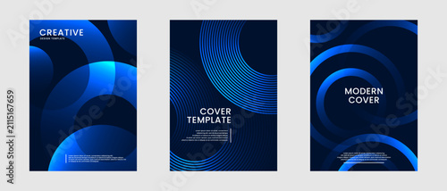Minimal abstract covers set. Blue circles background bundle with glowing lines effect decoration in dark space. Modern graphic design element stripes style concept for web, art, card, or brochure