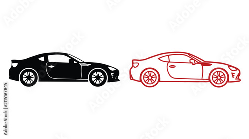 Sports car silhouettes black and red line art on white background