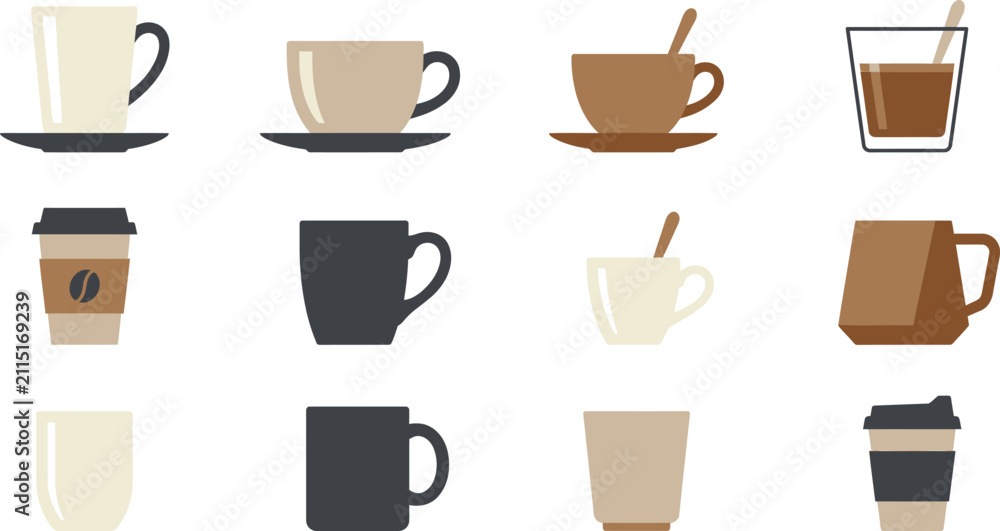 Obraz premium Set of flat vector coffee cups and mugs in different designs including takeaway and ceramic styles for cafe use