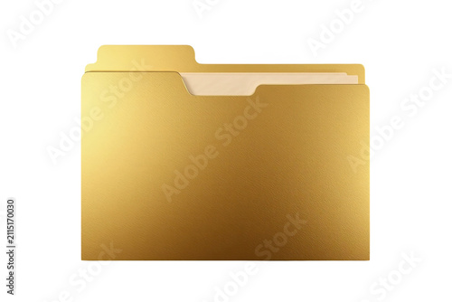Bright gold file folder with papers isolated on transparent background
